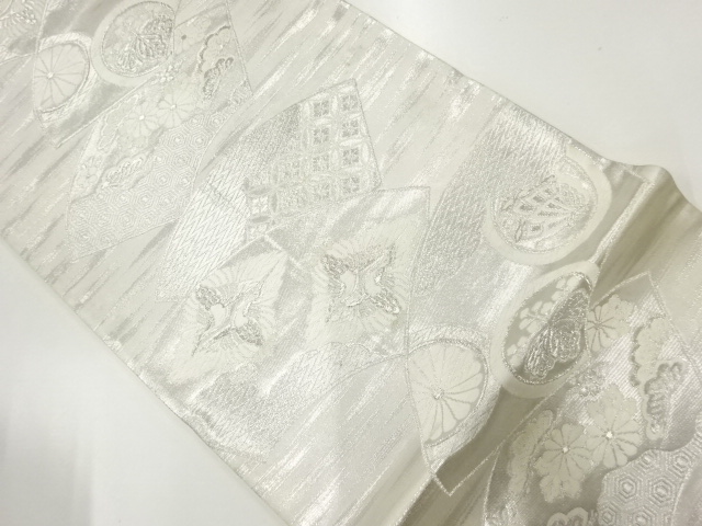 アンティーク　地紙に花鳥・古典柄模様織出し袋帯（材料）